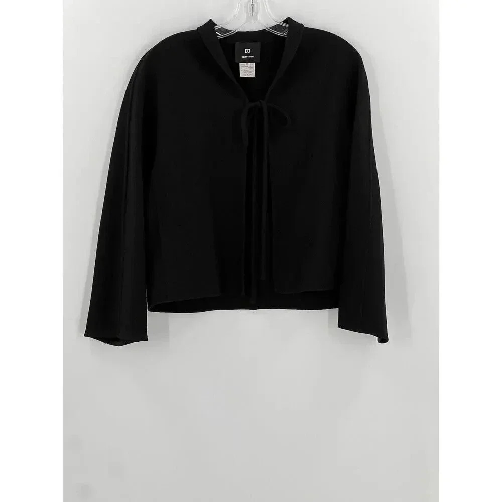 Vintage DD Collection Italy Cropped Black Wool Jacket Open Front W Tie Size 12